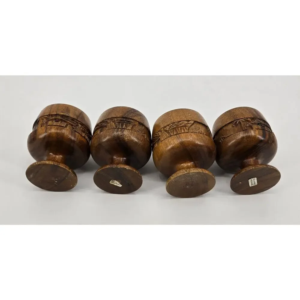 Vintage‎ Hand-Carved Wooden Tiki Bar Aloha Goblets – Set of 4